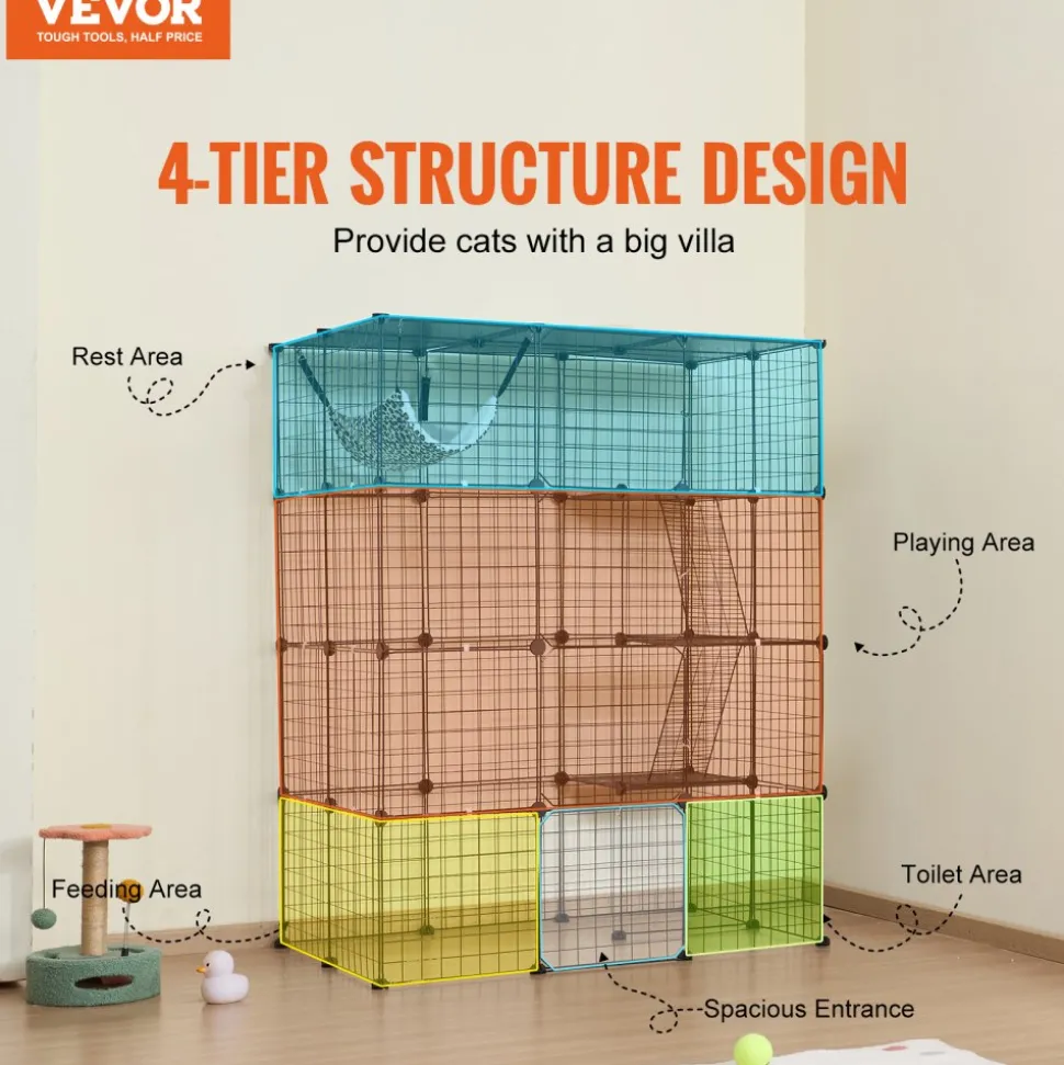 VEVOR Large 4-tier Cat Cage, 41 x 28 x 55", Detachable Metal Wire Cat Enclosure, with 4 Front Doors Hammock Ramp ladders, Indoor & Outdoor Crate Exercise Place Ideal for Kitty, Small Animals, Black