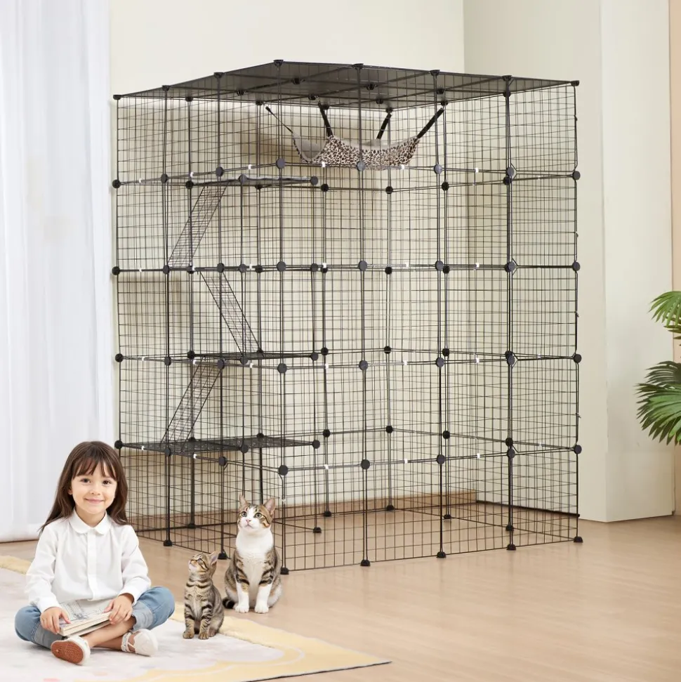 VEVOR Large 4-tier Cat Cage, 54 x 41 x 69", Detachable Metal Wire Cat Enclosure, with 5 Front Doors Hammock Ramp ladders, Indoor & Outdoor Crate Exercise Place Ideal for Kitty, Small Animals, Black