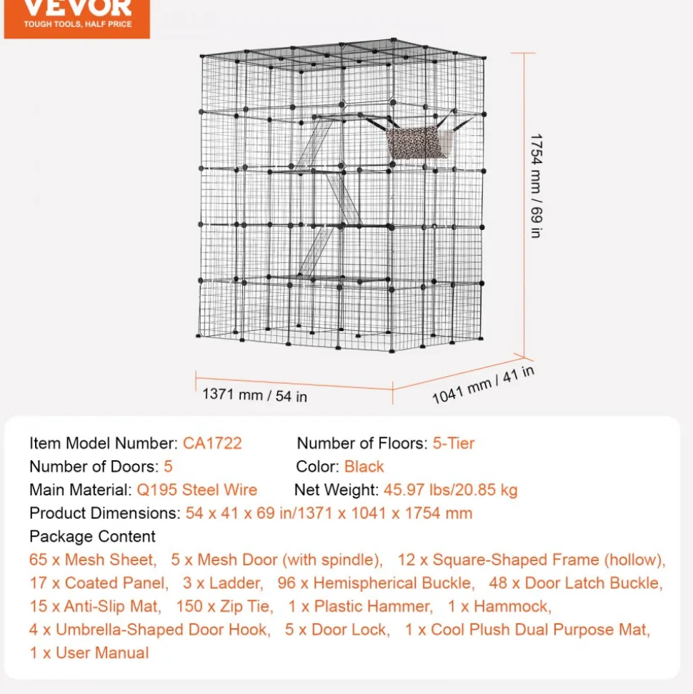 VEVOR Large 4-tier Cat Cage, 54 x 41 x 69", Detachable Metal Wire Cat Enclosure, with 5 Front Doors Hammock Ramp ladders, Indoor & Outdoor Crate Exercise Place Ideal for Kitty, Small Animals, Black