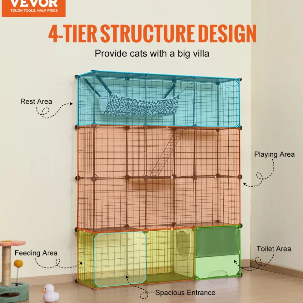 VEVOR Large 4-tier Cat Cage, 41 x 14 x 55", Detachable Metal Wire Cat Enclosure, with Litter Box Hammock Ramp ladders, Indoor & Outdoor Crate Exercise Place Ideal for Kitty, Small Animals, Black