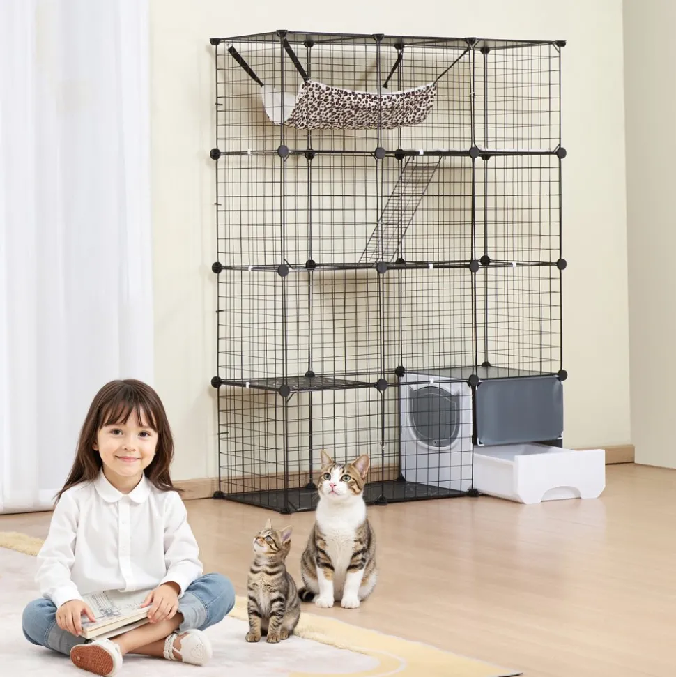 VEVOR Large 4-tier Cat Cage, 41 x 14 x 55", Detachable Metal Wire Cat Enclosure, with Litter Box Hammock Ramp ladders, Indoor & Outdoor Crate Exercise Place Ideal for Kitty, Small Animals, Black