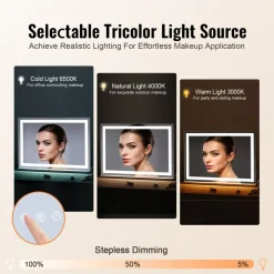 VEVOR  Large Vanity Mirror with Lights, Three Color Lighting Modes, Lighted Makeup LED Mirror,5X Magnification,USB Port,Smart Touch Control,Desktop Wall-Mounted (31.5x21.7 in, White)