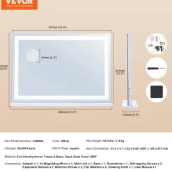 VEVOR  Large Vanity Mirror with Lights, Three Color Lighting Modes, Lighted Makeup LED Mirror,5X Magnification,USB Port,Smart Touch Control,Desktop Wall-Mounted (31.5x21.7 in, White)