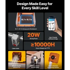 VEVOR Laser Engraver, 20W, Laser Engraving and Cutting Machine with Enclosure Camera, Laser Cutter, 15.7 x 15.7 in Working Area, 30000 mm/min, for Wood, Leather, Glass, Paper, Certain Metal, Class 1