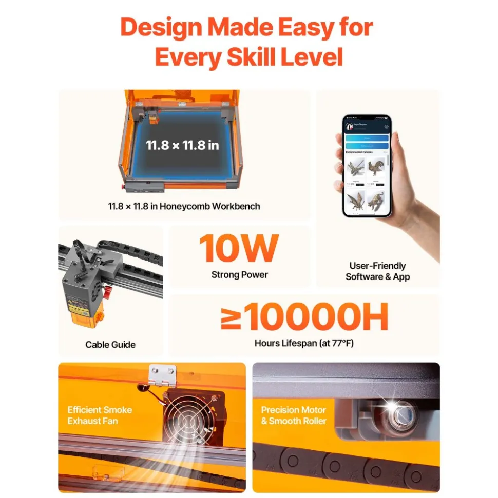 VEVOR Laser Engraver, 10W, Laser Engraving and Cutting Machine with Enclosure, Laser Cutter Engraver Machine, 11.8 x 11.8 in Working Area, 7000 mm/min, for Wood, Leather, Glass, Certain Metal, Class 1