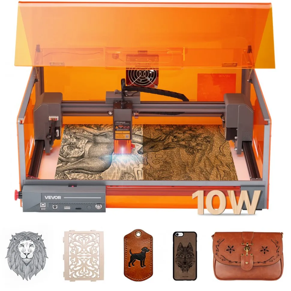 VEVOR Laser Engraver, 10W, Laser Engraving and Cutting Machine with Enclosure, Laser Cutter Engraver Machine, 11.8 x 11.8 in Working Area, 7000 mm/min, for Wood, Leather, Glass, Certain Metal, Class 1