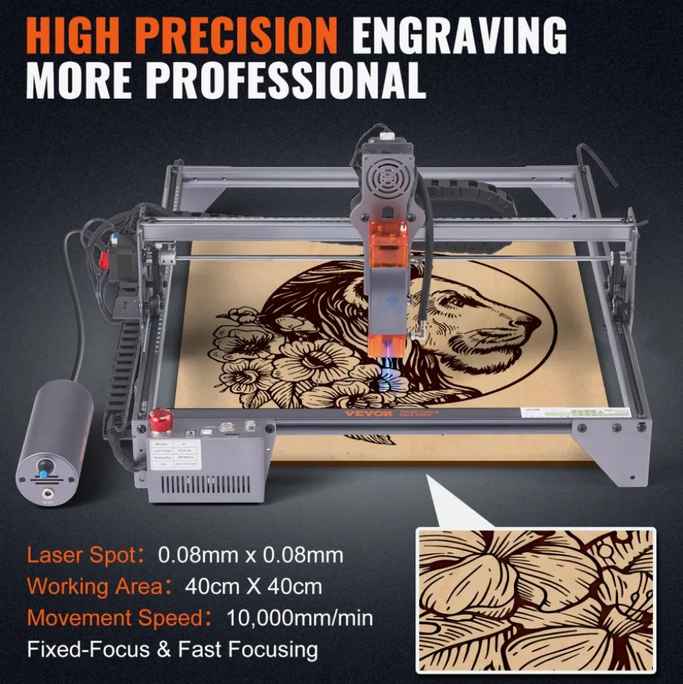 VEVOR Laser Engraver, 10W Output Laser Engraving Machine, 15.7" x 15.7" Large Working Area, 10000mm/min Movement Speed, Compressed Spot with Rotary Roller, Laser Cutter for Wood, Certain Metal
