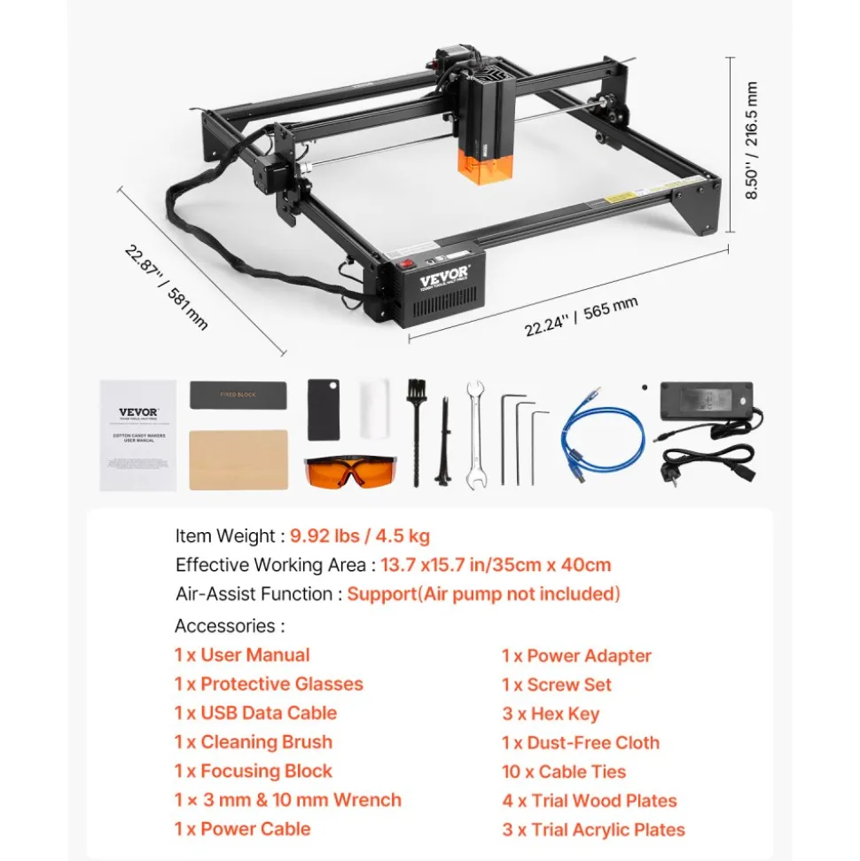 VEVOR Laser Engraver, 10W Output, Laser Engraving Cutter Machine, 14.9 x 15.7 in/38 x 40 cm Working Area, 10000 mm/min Movement Speed, Compressed Spot with Eye Protection, for Wood, Certain Metal