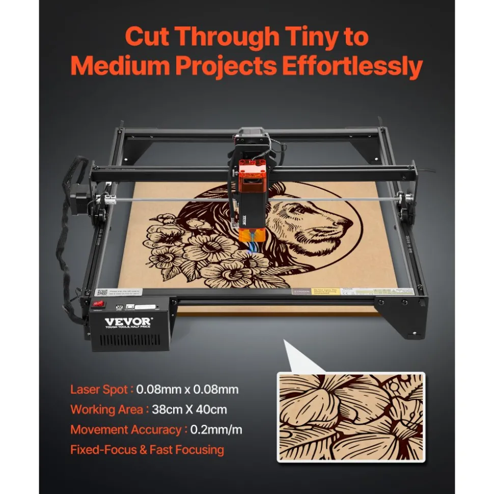 VEVOR Laser Engraver, 5W Output, Laser Engraving Cutter Machine, 14.9 x 15.7 in/38 x 40 cm Working Area, 10000 mm/min Movement Speed, Compressed Spot with Eye Protection, for Wood, Certain Metal