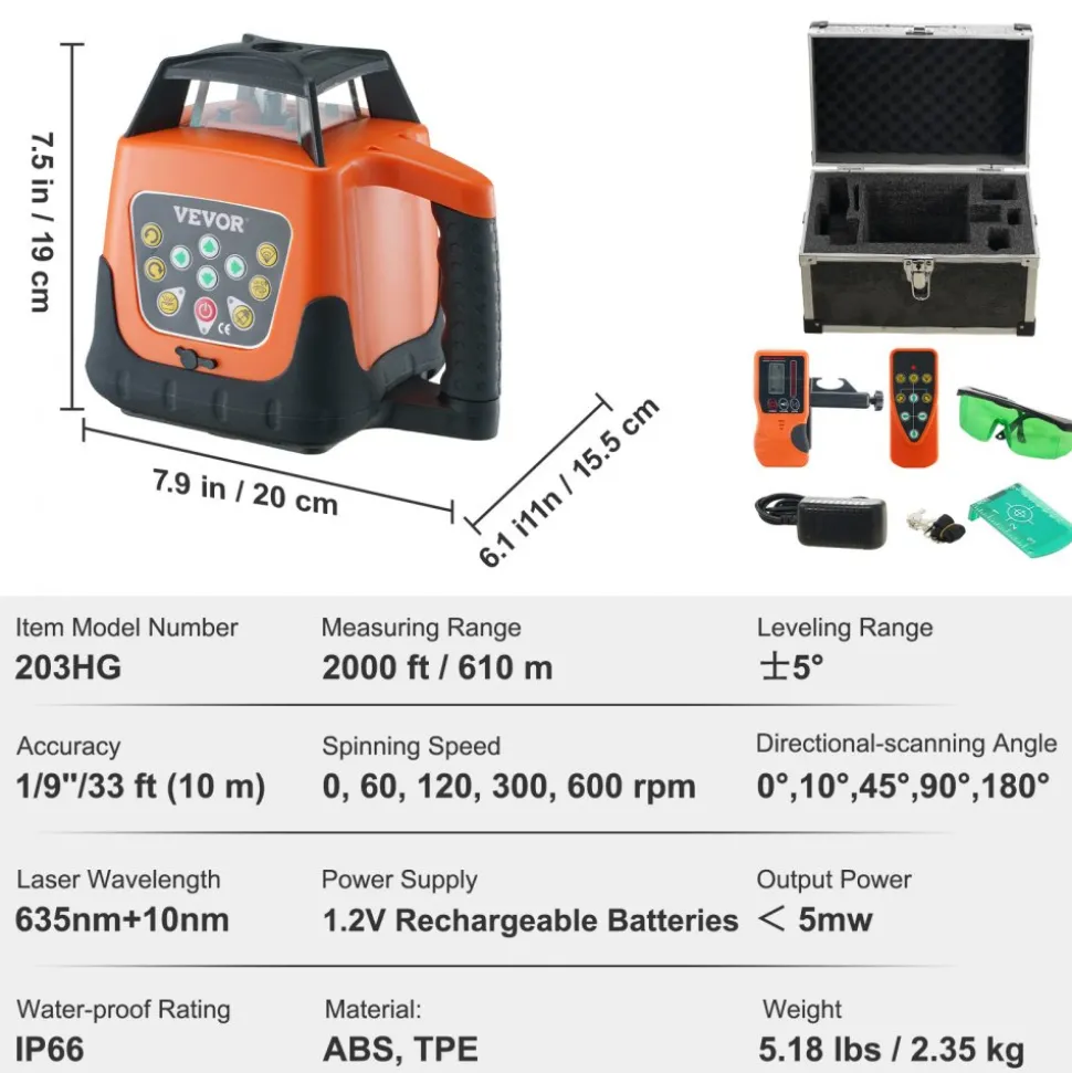 VEVOR Laser Level, 2000ft, 360 Degree Self Leveling Green Cross Line Laser, 5 Rotation Speeds & 4 Scanning Angles Adjustment, IP66 Waterproof Remote Control Manual Self-leveling Mode, Battery Included