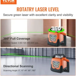 VEVOR Laser Level, 2000ft, 360 Degree Self Leveling Green Cross Line Laser, 5 Rotation Speeds & 4 Scanning Angles Adjustment, IP66 Waterproof Remote Control Manual Self-leveling Mode, Battery Included