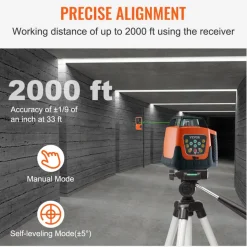 VEVOR Laser Level, 2000ft, 360 Degree Self Leveling Green Cross Line Laser, 5 Rotation Speeds & 4 Scanning Angles Adjustment, IP66 Waterproof Remote Control Manual Self-leveling Mode, Battery Included