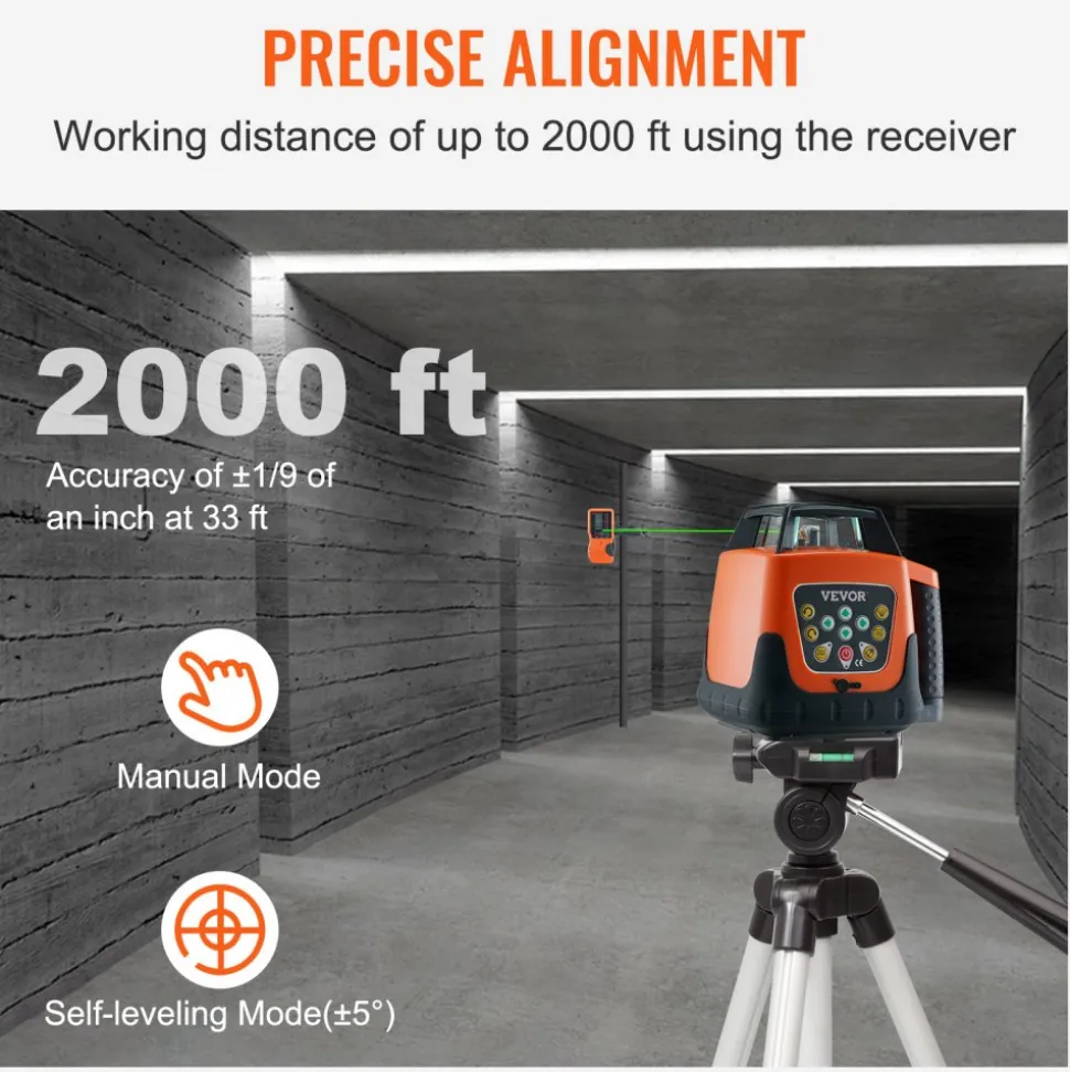 VEVOR Laser Level, 2000ft, 360 Degree Self Leveling Green Cross Line Laser, 5 Rotation Speeds & 4 Scanning Angles Adjustment, IP66 Waterproof Remote Control Manual Self-leveling Mode, Battery Included