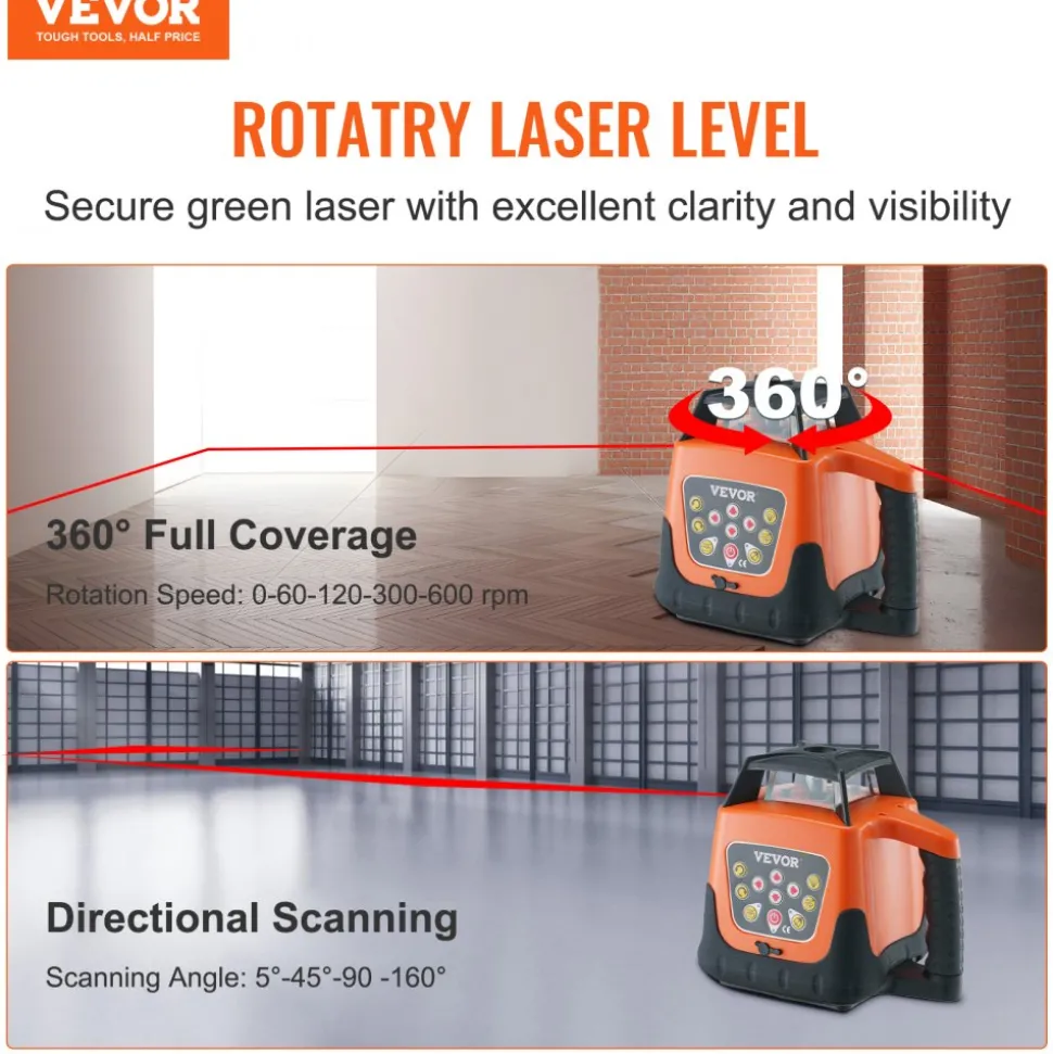 VEVOR Laser Level, 1650ft, 360 Degree Self Leveling Red Cross Line Laser, 5 Rotation Speeds & 4 Scanning Angles Adjustment, IP66 Waterproof Remote Control Manual Self-leveling Mode, Battery Included