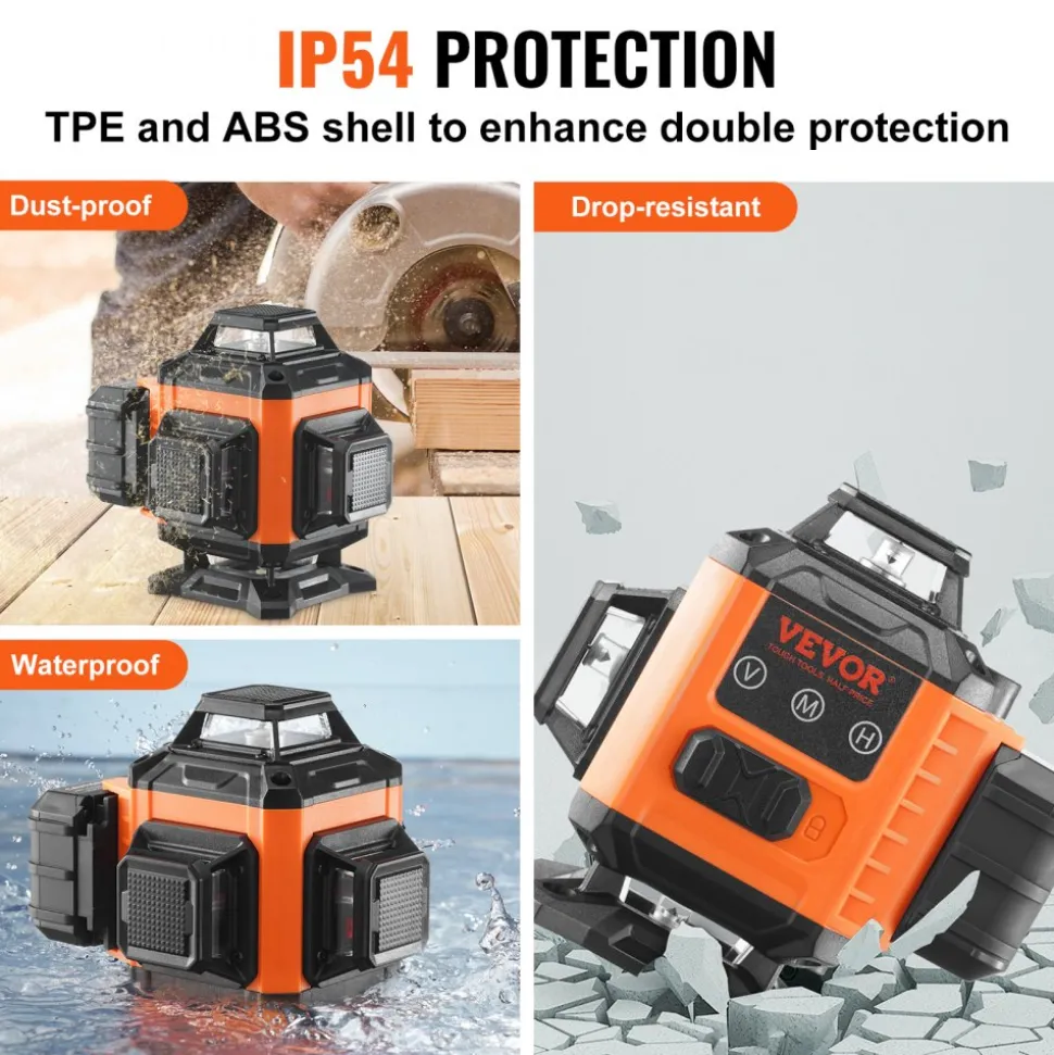 VEVOR Laser Level, 100ft, Self Leveling Manual Green 4 x 360° Cross 16 Line Laser, IP54 Waterproof Manual Self-leveling Mode & 5h Continuous Working Time Line Laser, Battery Include
