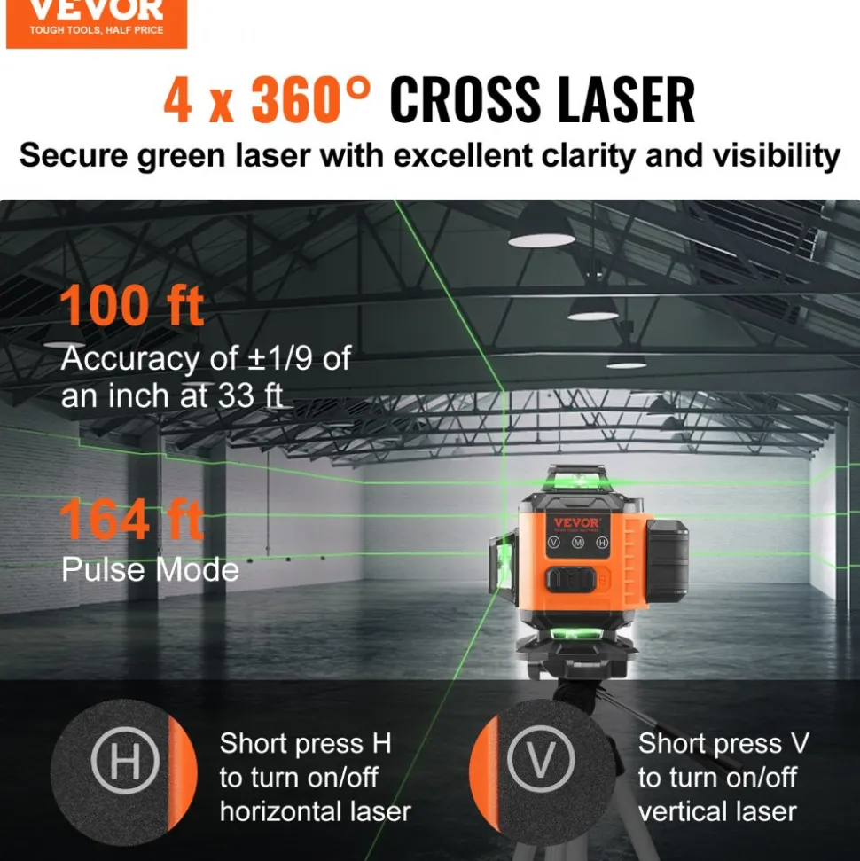 VEVOR Laser Level, 100ft, Self Leveling Manual Green 4 x 360° Cross 16 Line Laser, IP54 Waterproof Manual Self-leveling Mode & 5h Continuous Working Time Line Laser, Battery Include