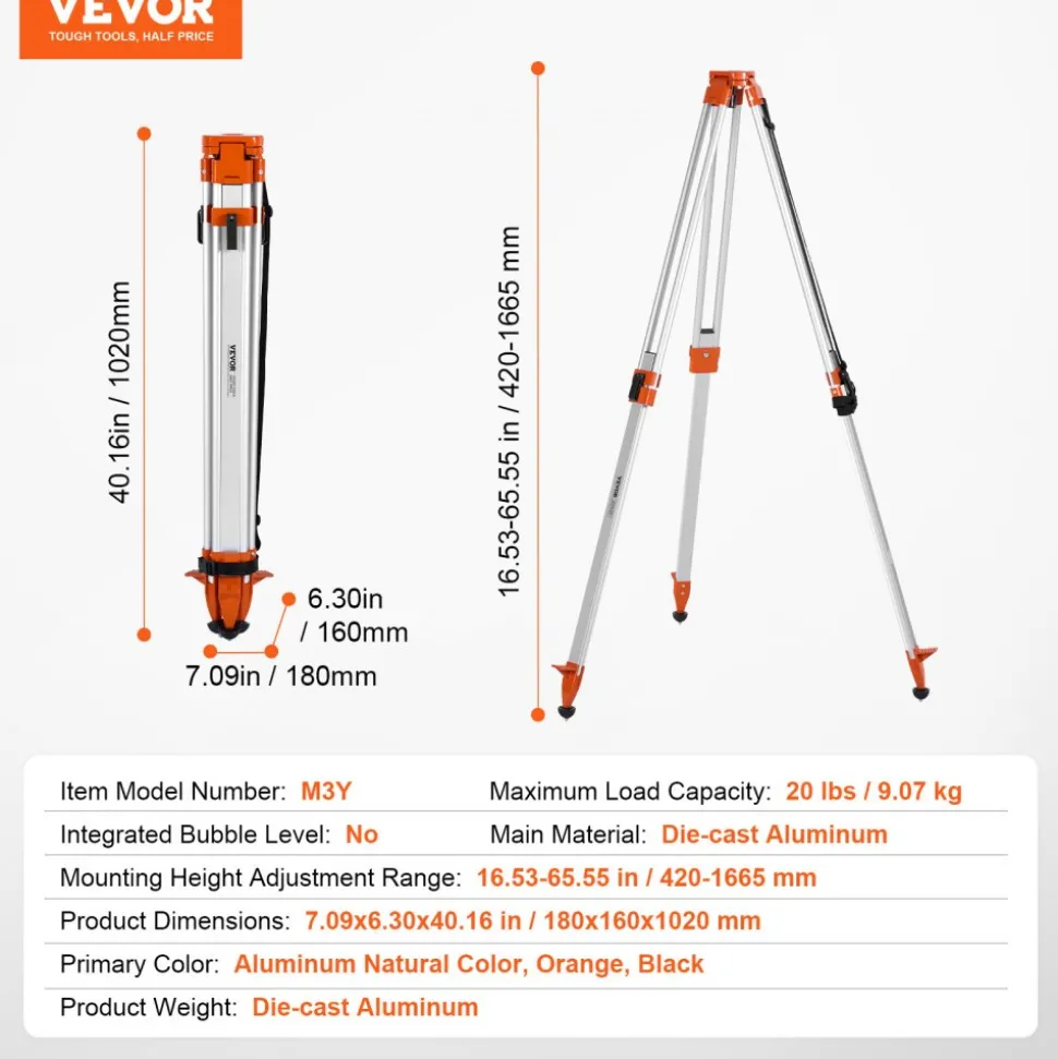 VEVOR Laser Level Tripod Stand, 5/8"-11 Thread Mount, 16.53-65.55 inch Height Adjustment Heavy Duty Survey Tripod for Construction Laser Level Scanner, Retractable Legs Non-Skid Feet Professional