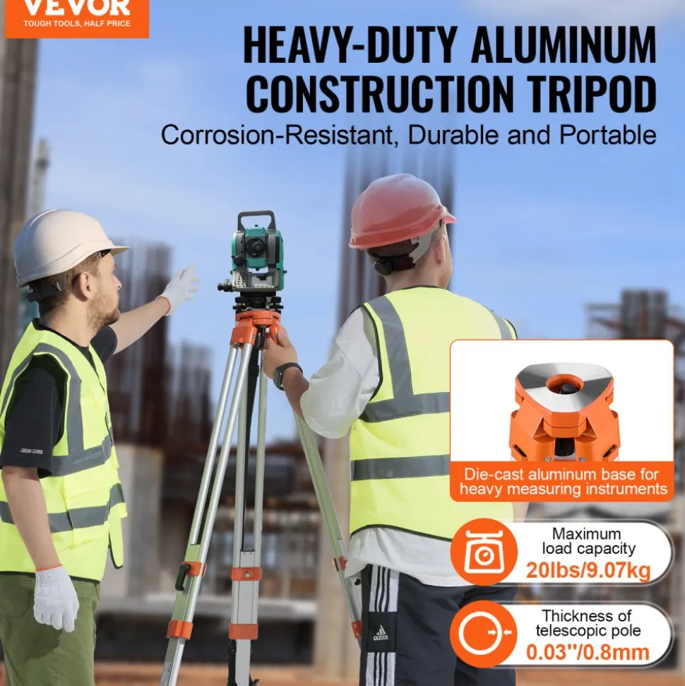 VEVOR Laser Level Tripod Stand, 5/8"-11 Thread Mount, 16.53-65.55 inch Height Adjustment Heavy Duty Survey Tripod for Construction Laser Level Scanner, Retractable Legs Non-Skid Feet Professional