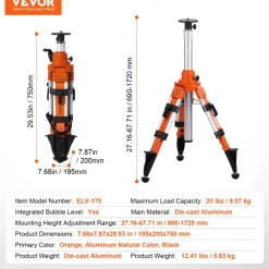 VEVOR Laser Level Tripod Stand, 5/8"-11 Thread Mount, 27.16-67.71 inch Height Adjustment Heavy Duty Survey Tripod, with Level Bubble & Diffusion Limiter , Liftable Non-Skid Feet for Construction