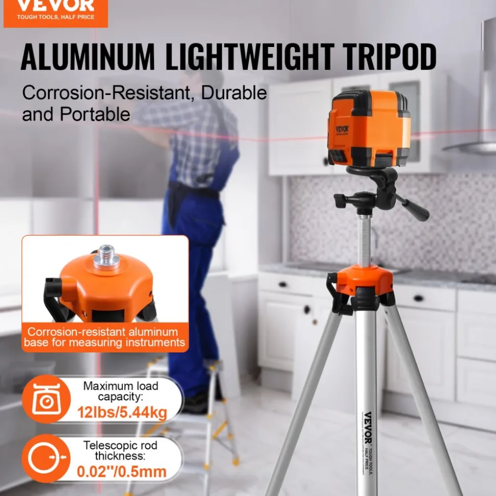 VEVOR Laser Level Tripod, ¼ x 20 Thread Mount, 27.36-68.11 inch Height Adjustment with Integrated Level Bubble Lightweight Laser Scanner Stand, Retractable Legs Aluminum Tripod for Stable Measurement