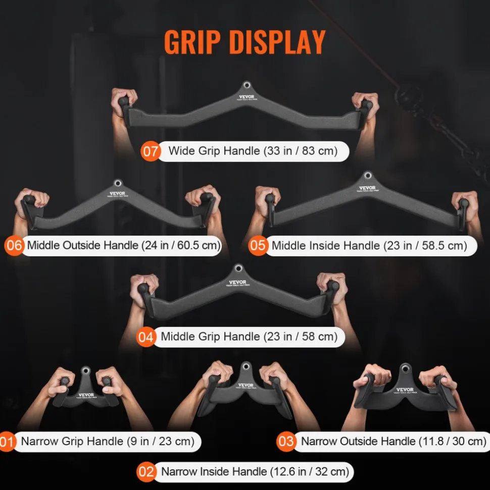 VEVOR LAT Pulldown Attachments, Cable Machine Rowing T-bar V-bar 7 Set, Tricep Pull Down Bar, Back Strength Training Rubber Coated Handle Grip, Bicep Curl Tricep Lat Pulldown Bar for Home Gym Fitness