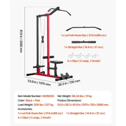 VEVOR LAT Pull Down Machine, 2-in-1 Row Cable Machine, Cable Machines Home Gym with 3-Level Adjustable Seat, 4-Level Adjustable Foam Roller, Load 500 lbs Lat Tower for Back, Chest, Tricep, Black Red