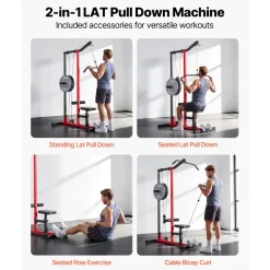VEVOR LAT Pull Down Machine, 2-in-1 Row Cable Machine, Cable Machines Home Gym with 3-Level Adjustable Seat, 4-Level Adjustable Foam Roller, Load 500 lbs Lat Tower for Back, Chest, Tricep, Black Red