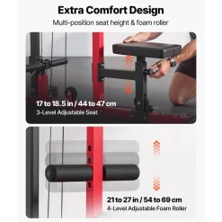 VEVOR LAT Pull Down Machine, 2-in-1 Row Cable Machine, Cable Machines Home Gym with 3-Level Adjustable Seat, 4-Level Adjustable Foam Roller, Load 500 lbs Lat Tower for Back, Chest, Tricep, Black Red