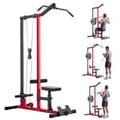 VEVOR LAT Pull Down Machine, 2-in-1 Row Cable Machine, Cable Machines Home Gym with 3-Level Adjustable Seat, 4-Level Adjustable Foam Roller, Load 500 lbs Lat Tower for Back, Chest, Tricep, Black Red
