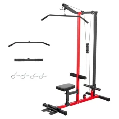 VEVOR LAT Pull Down Machine, 2-in-1 Row Cable Machine, Cable Machines Home Gym with 3-Level Adjustable Seat, 4-Level Adjustable Foam Roller, Load 500 lbs Lat Tower for Back, Chest, Tricep, Black Red