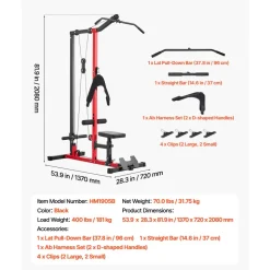 VEVOR LAT Pull Down Machine, 3-in-1 Row Cable Machine, Cable Machines Home Gym with 3-Level Adjustable Seat, 4-Level Adjustable Foam Roller, Load 400 lbs Lat Tower for Back, Chest, Tricep, Black