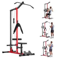 VEVOR LAT Pull Down Machine, 3-in-1 Row Cable Machine, Cable Machines Home Gym with 3-Level Adjustable Seat, 4-Level Adjustable Foam Roller, Load 400 lbs Lat Tower for Back, Chest, Tricep, Black