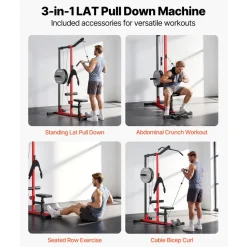 VEVOR LAT Pull Down Machine, 3-in-1 Row Cable Machine, Cable Machines Home Gym with 3-Level Adjustable Seat, 4-Level Adjustable Foam Roller, Load 400 lbs Lat Tower for Back, Chest, Tricep, Black