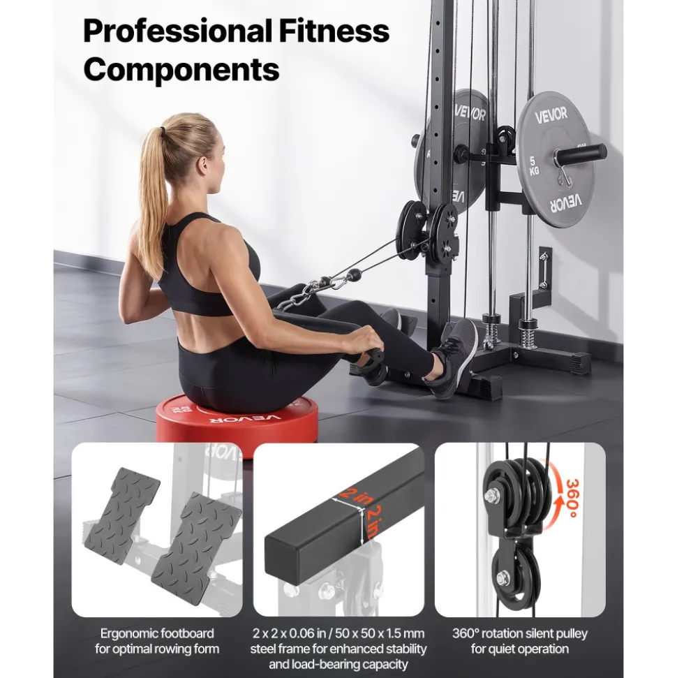 VEVOR LAT Pull Down Machine, 3-in-1 Row Cable Machine, Cable Machines Home Gym with 18-Level Height Adjustment, Wall-Mount Design, Load 500 lbs Lat Tower for Full-Body Workouts, Single-Arm Training
