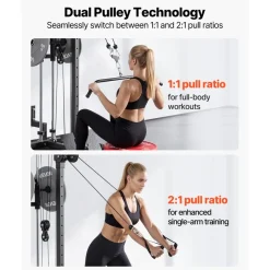 VEVOR LAT Pull Down Machine, 3-in-1 Row Cable Machine, Cable Machines Home Gym with 18-Level Height Adjustment, Wall-Mount Design, Load 500 lbs Lat Tower for Full-Body Workouts, Single-Arm Training