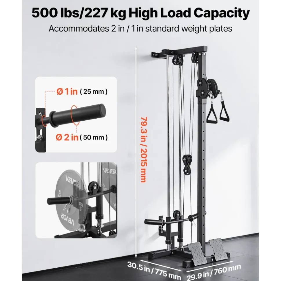 VEVOR LAT Pull Down Machine, 3-in-1 Row Cable Machine, Cable Machines Home Gym with 18-Level Height Adjustment, Wall-Mount Design, Load 500 lbs Lat Tower for Full-Body Workouts, Single-Arm Training