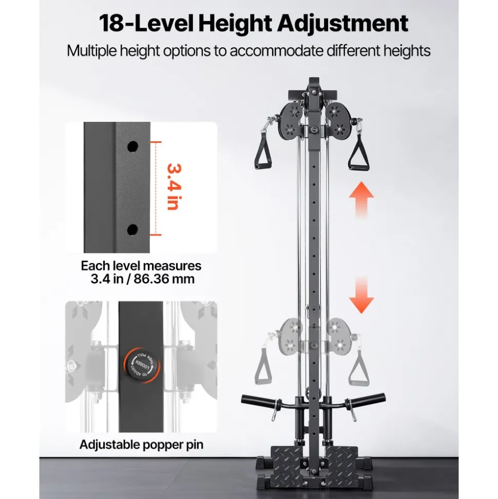 VEVOR LAT Pull Down Machine, 3-in-1 Row Cable Machine, Cable Machines Home Gym with 18-Level Height Adjustment, Wall-Mount Design, Load 500 lbs Lat Tower for Full-Body Workouts, Single-Arm Training