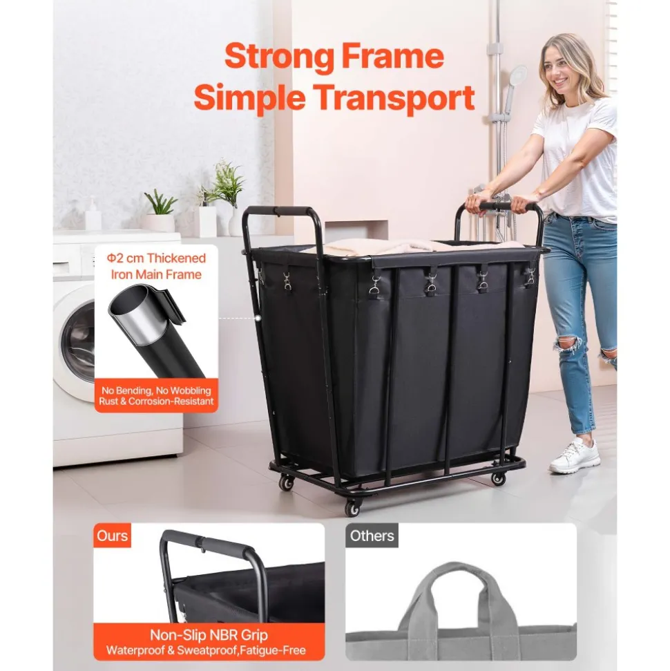 VEVOR Laundry Cart, Rolling Grocery Utility Cart with Waterproof Liner & Swivel Wheels, 260 LBS Large Load Capacity, Heavy Duty Shopping Basket for Laundry, Shopping, Camping, Grocery, Luggage, Black
