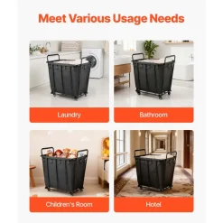 VEVOR Laundry Cart, Rolling Grocery Utility Cart with Waterproof Liner & Swivel Wheels, 260 LBS Large Load Capacity, Heavy Duty Shopping Basket for Laundry, Shopping, Camping, Grocery, Luggage, Black