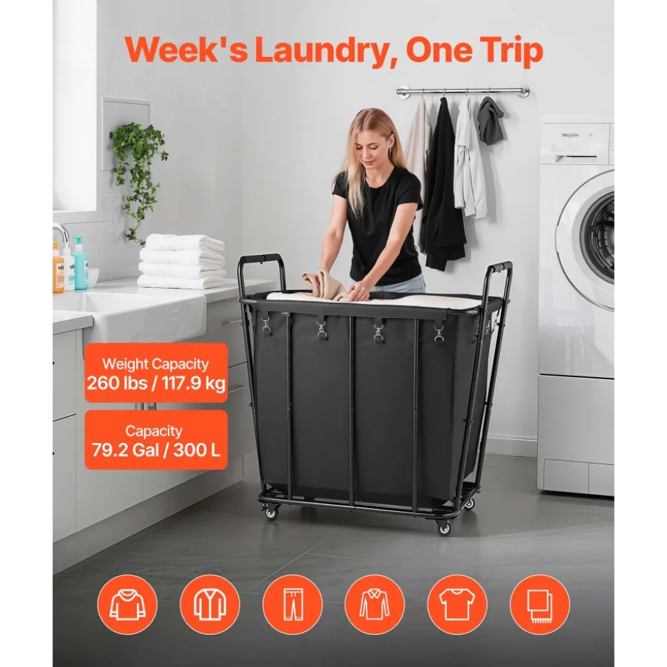 VEVOR Laundry Cart, Rolling Grocery Utility Cart with Waterproof Liner & Swivel Wheels, 260 LBS Large Load Capacity, Heavy Duty Shopping Basket for Laundry, Shopping, Camping, Grocery, Luggage, Black