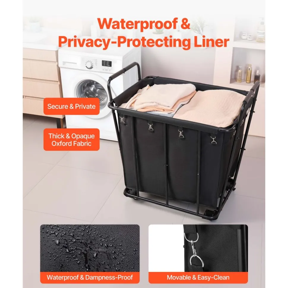 VEVOR Laundry Cart, Rolling Grocery Utility Cart with Waterproof Liner & Swivel Wheels, 260 LBS Large Load Capacity, Heavy Duty Shopping Basket for Laundry, Shopping, Camping, Grocery, Luggage, Black