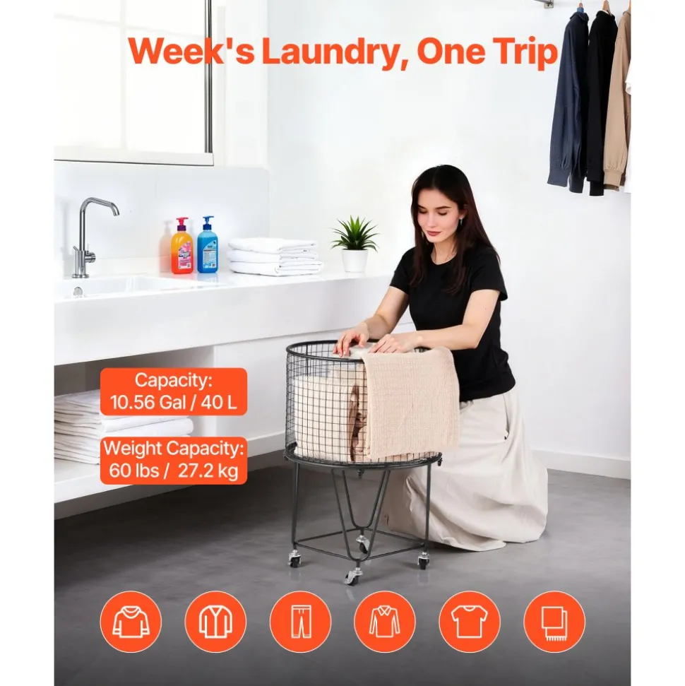 VEVOR Laundry Cart, Rolling Round Grocery Utility Cart with 360° Swivel Wheels, 60 LBS Large Load Capacity, Heavy Duty Carbon Steel Shopping Basket for Laundry, Shopping, Camping, Grocery, Luggage