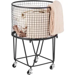 VEVOR Laundry Cart, Rolling Round Grocery Utility Cart with 360° Swivel Wheels, 60 LBS Large Load Capacity, Heavy Duty Carbon Steel Shopping Basket for Laundry, Shopping, Camping, Grocery, Luggage