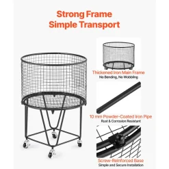 VEVOR Laundry Cart, Rolling Round Grocery Utility Cart with 360° Swivel Wheels, 60 LBS Large Load Capacity, Heavy Duty Carbon Steel Shopping Basket for Laundry, Shopping, Camping, Grocery, Luggage