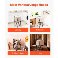 VEVOR Laundry Cart, Rolling Round Grocery Utility Cart with 360° Swivel Wheels, 60 LBS Large Load Capacity, Heavy Duty Carbon Steel Shopping Basket for Laundry, Shopping, Camping, Grocery, Luggage