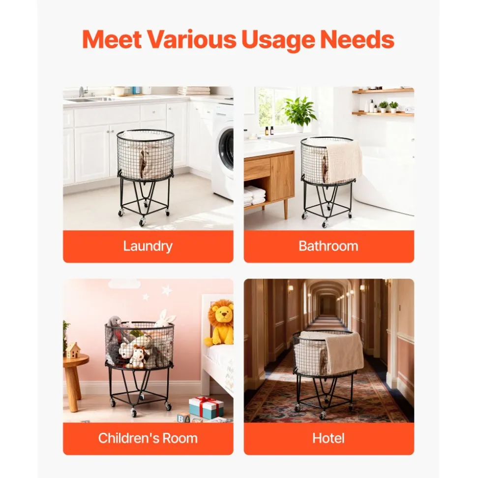 VEVOR Laundry Cart, Rolling Round Grocery Utility Cart with 360° Swivel Wheels, 60 LBS Large Load Capacity, Heavy Duty Carbon Steel Shopping Basket for Laundry, Shopping, Camping, Grocery, Luggage