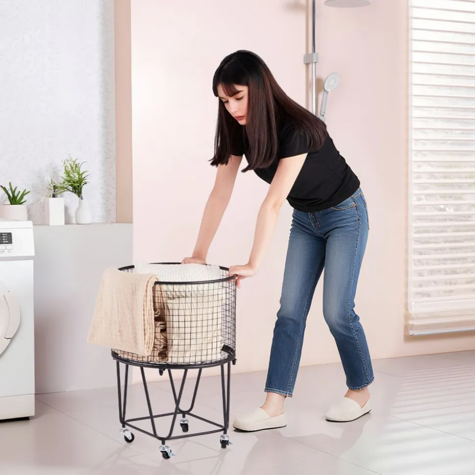 VEVOR Laundry Cart, Rolling Round Grocery Utility Cart with 360° Swivel Wheels, 60 LBS Large Load Capacity, Heavy Duty Carbon Steel Shopping Basket for Laundry, Shopping, Camping, Grocery, Luggage