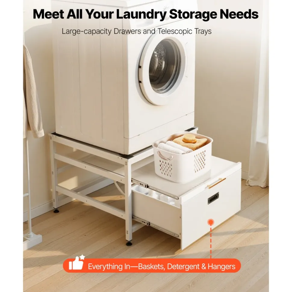 VEVOR Laundry Pedestal, 23 in Height, 29 x 29 in Washer and Dryer Pedestals with Pull-out Tray and Storage Space, 700 lbs Load Capacity, Non-Slip Feet Washing Machine Stand Universal Fit, White