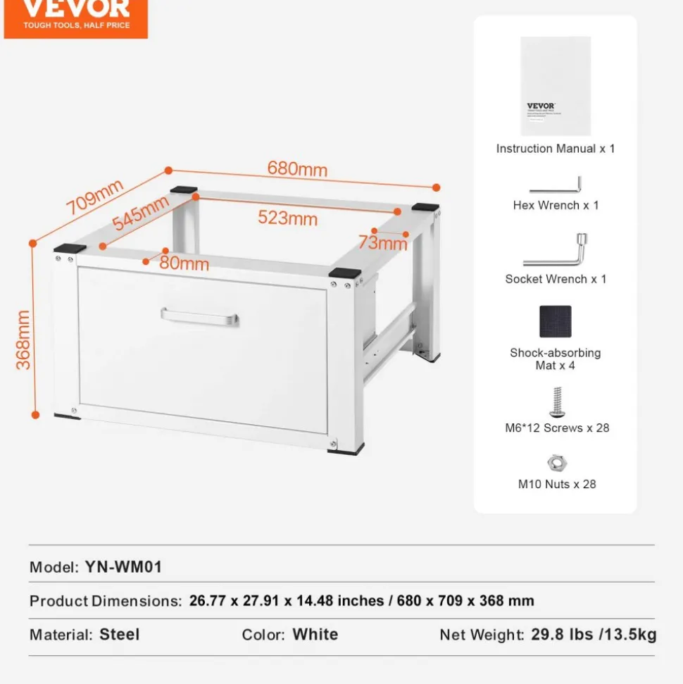 VEVOR Laundry Pedestal 27" Wide 14.4" Height, Washer And Dryer Base Stand Platform Universal Fit 660lbs Capacity, Heavy Duty Multi-Functional Base for Washing Machine with Drawer & Rich Accessories