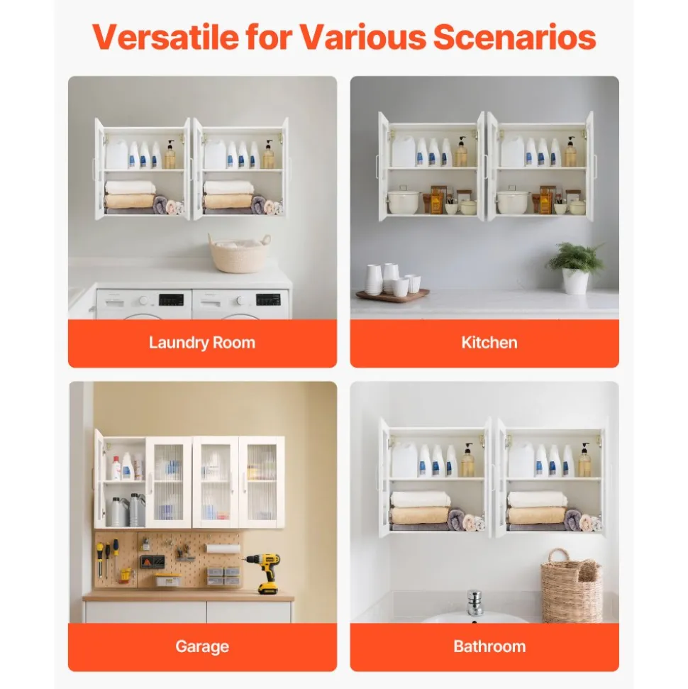 VEVOR Laundry Room Wall Cabinet, 2-Tier Wall Mounted Cabinet with Adjustable Shelf, Cupboard Storage with 4 Doors, for Kitchen, Bathroom, Laundry, Set of 2, Each 12 x 24 x 24 in (D x W x H), White
